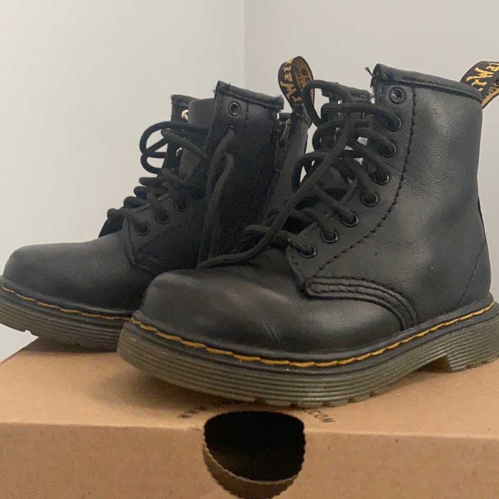 All black (gold threading) toddler high top Dr. Martins